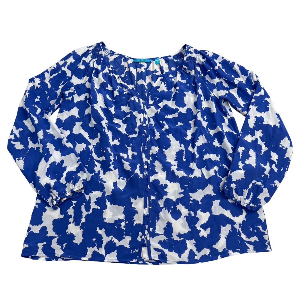 Tori Richard Blue Silk Abstract Print Blouse Women Size 6 Chic Luxury Elegant